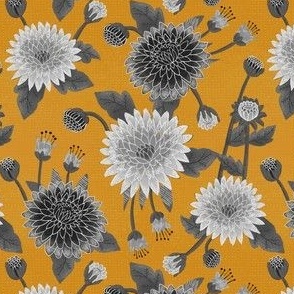 small// Floral Chrysanthemums with leaves Black and White Mustard Yellow