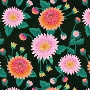 small// Floral Chrysanthemums with leaves Dark green
