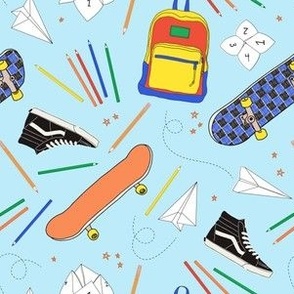 School is Cool - Scattered School Things on Light Blue