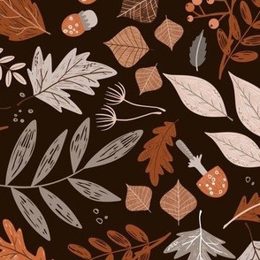 Colorful fall leaves and mushrooms on midnight black