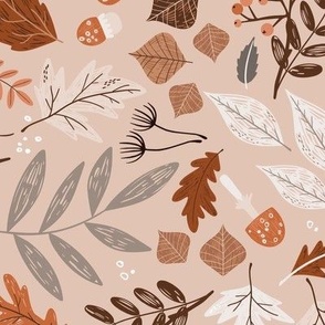 Colorful fall leaves and mushrooms on dusty pink 