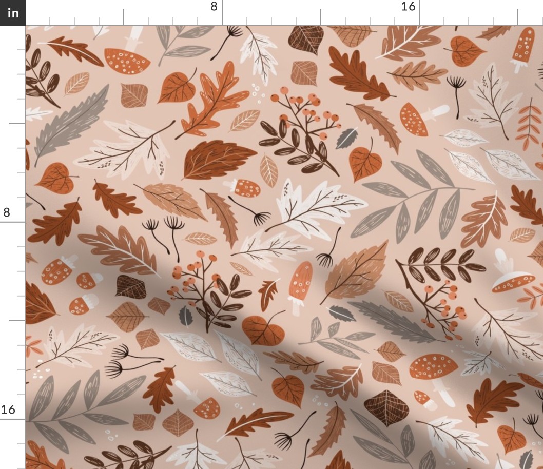 Colorful fall leaves and mushrooms on dusty pink | large