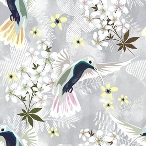 Hummingbird and white flowers on a light gray background.