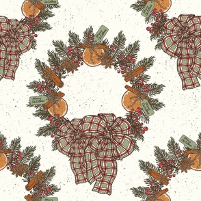 Wreath with Fabric Ribbon, Dried Fruits, Berries, Spices, Spruce Branches - Natural Christmas Collection - Natural BG