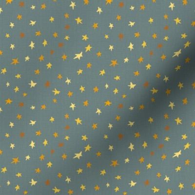 4” repeat tiny gold, bronze and yellow effect scattered, tossed non directional stars, blender for afternoon tea on airforce blue