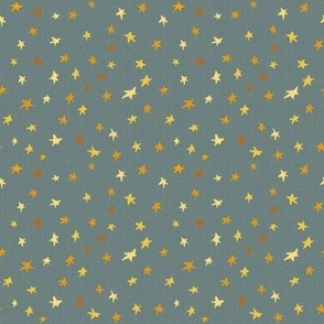 4” repeat tiny gold, bronze and yellow effect scattered, tossed non directional stars, blender for afternoon tea on airforce blue