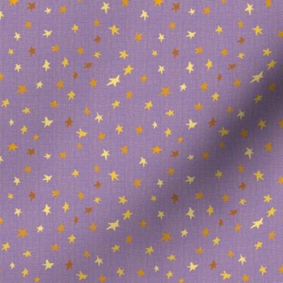 4” repeat tiny gold, bronze and yellow effect scattered, tossed non directional stars, blender for afternoon tea On violet purple