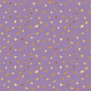 4” repeat tiny gold, bronze and yellow effect scattered, tossed non directional stars, blender for afternoon tea On violet purple