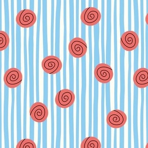 (SMALL) Abstract Bold Red Roses for Girls on Sketchy Baby Blue Stripes 