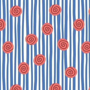 (SMALL) Abstract Bold Red Roses for Girls on Sketchy Dark Blue Stripes 
