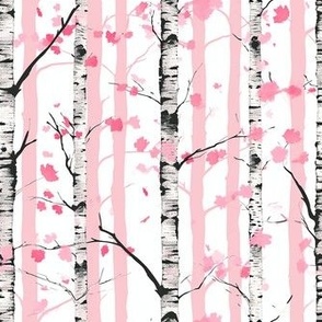 Small Birch Tree Stripes in Black White and Pink 