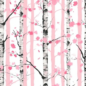 Large Birch Tree Stripes in Black White and Pink