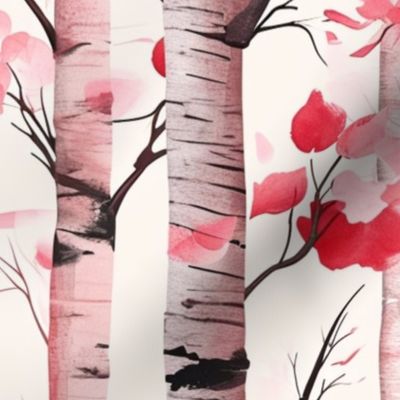 Large Birch Trees with Red and Pink Leaves