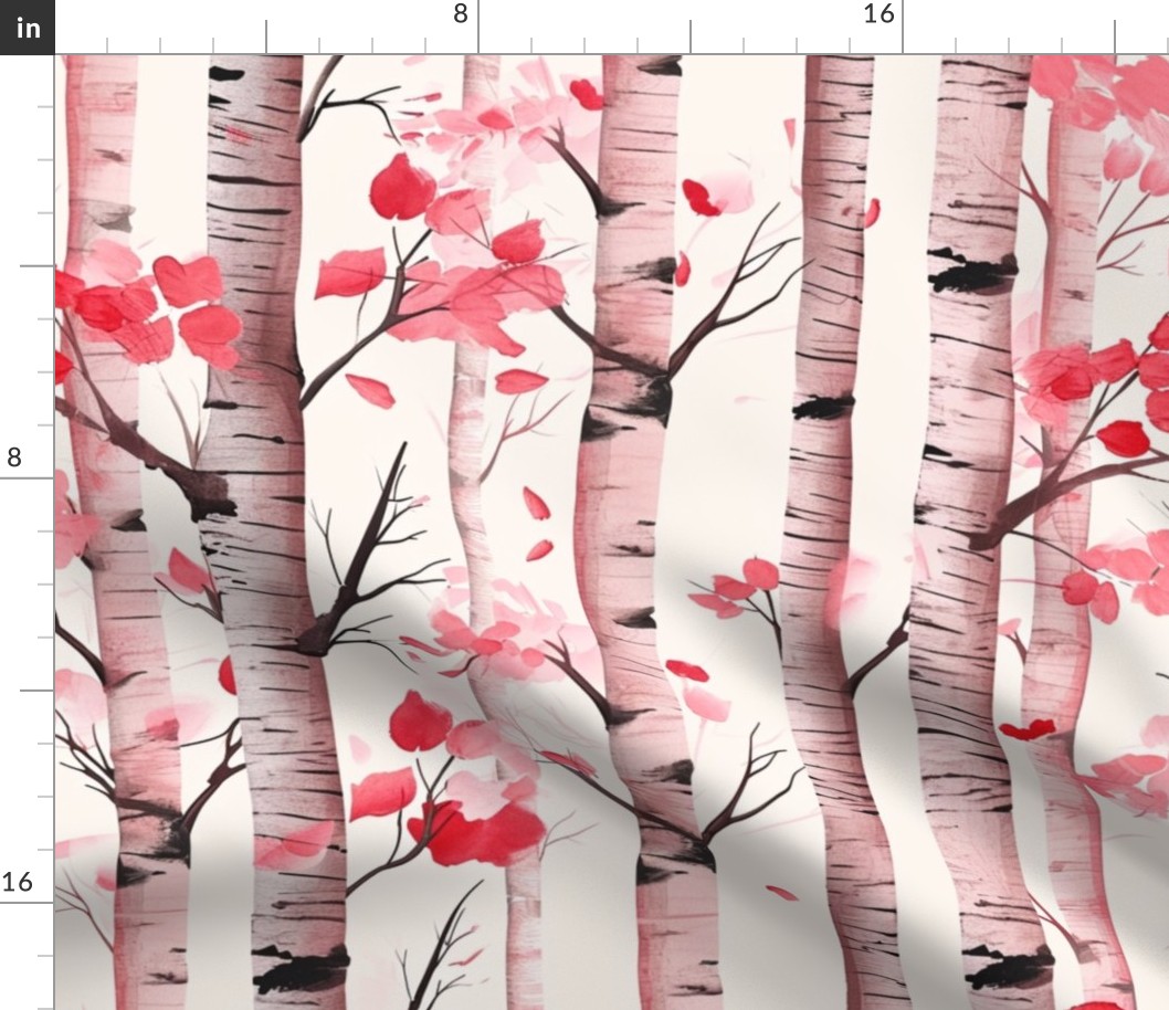 Large Birch Trees with Red and Pink Leaves