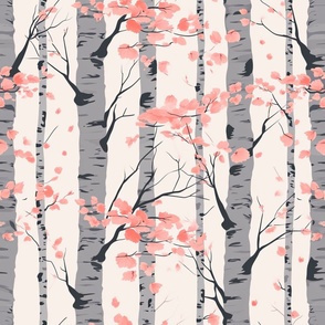 Large Grey Birch Trees with Coral Leaves