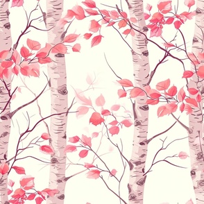 Large Birch Trees with Coral Pink Leaves