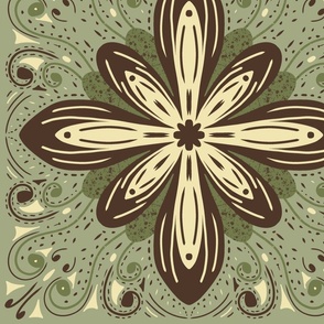 Green, brown, and cream floral tile repeat