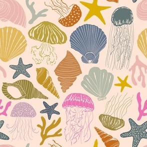 Colorful Coastal design with jellyfish, seashells and starfish