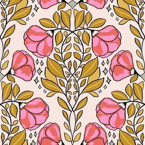 Whimsical wildflowers in pink and mustard on cream background
