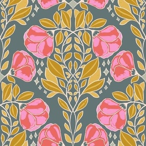 Whimsical wildflowers in pink and mustard on dark background