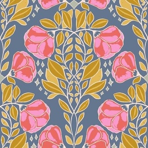 Whimsical wildflowers in pink and mustard on blue background