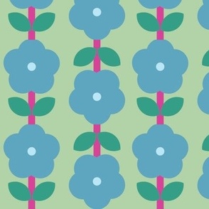 retro 60's - 70's abstract scandi small flowers with leaves- cornflower blue on sage green 