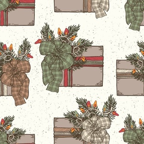 Gift Boxes with Spruce Branches, Garland, and Fabric Ribbon - Natural Christmas Collection - Natural BG