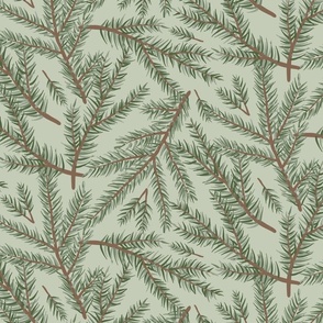 Scattered Christmas Tree Fir Branches on Laurel Green Tint Ground Large Scale