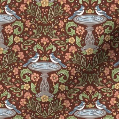 Damask Bluejays at the Bird Bath in Chocolate Brown–Small Scale
