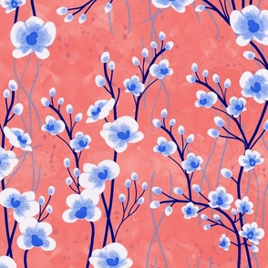 big// Painted Orchids vertical branches Blue Ink in Coral