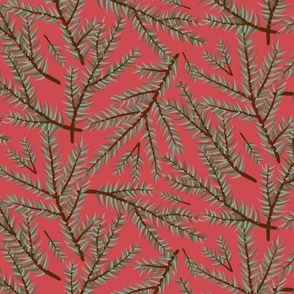 Scattered Christmas Tree Fir Branches on Cranberry Red Ground Large Scale