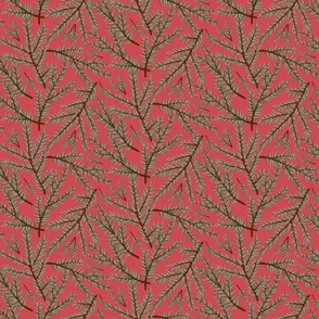 Scattered Christmas Tree Fir Branches on Cranberry Red Ground Medium Scale