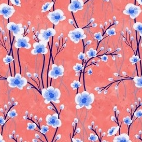 small// Painted Orchids vertical branches Blue Ink in Coral