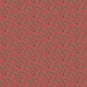 Scattered Christmas Tree Fir Branches on Cranberry Red Ground Small Scale