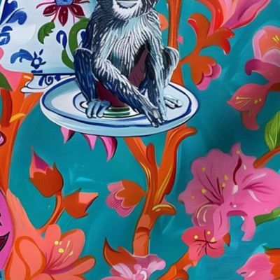 Preppy bright chinoiserie monkeys and porcelain oil painting