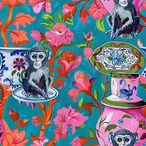 Preppy bright chinoiserie monkeys and porcelain oil painting