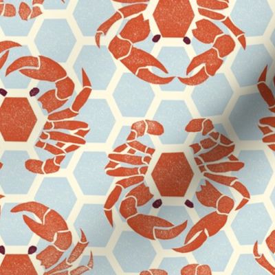 block print nautical crabs in a hexagon pattern red and muted blue gray large scale