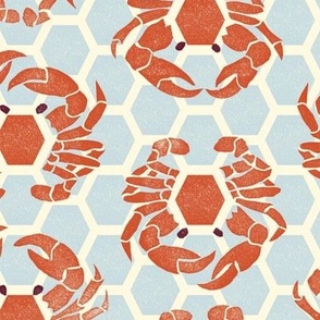 block print nautical crabs in a hexagon pattern red and muted blue gray large scale
