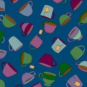 Jewel Tone Teacups on Blue - Large scale