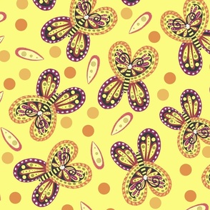 Bold, Funky, Abstract, Wild Butterflies on Yellow background with Polka Dots by Mona Lisa Tello