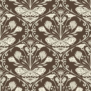 Vintage Damask, Ornate Geometric Florals, Birds, Ivory on Dark Brown, Med