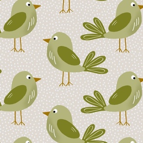 Quirky Green Birds (light brown background)