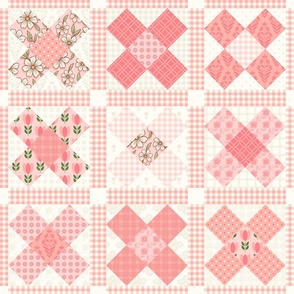 Peach Doodle Blossom Spring Patchwork Garden Quilt Blocks