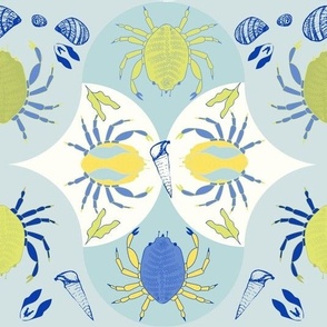Pill Box Crabs And Sea Shells - Blue, Yellow And White Ogee.