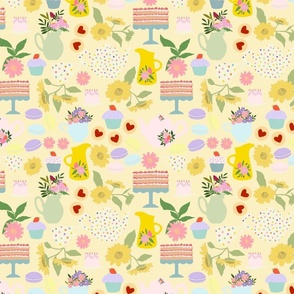 Sweet treats and tea in the flower garden on soft yellow - small