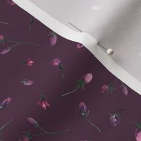 small - Watercolor rosebuds - purple florals tossed on dark purple