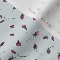 small - Watercolor rosebuds - purple florals tossed on eggshell light blue