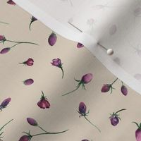 small - Watercolor rosebuds - purple florals tossed on swan light beige