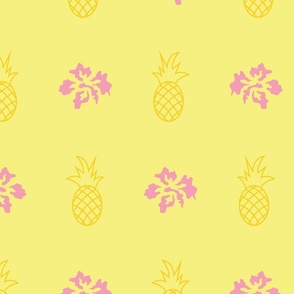 Oversized Hibiscus and Pineapples Pattern 1 - Yellow & Pink