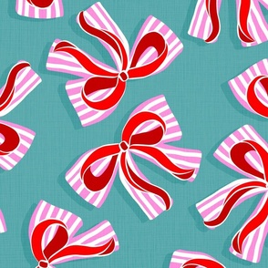 (L) Ditsy Kitsch Red Ribbons on Stripy Pink and White Bows Christmas Party 1. Bondi blue teal